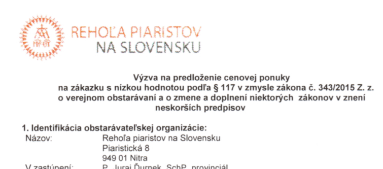 Výzva na predloženie cenovej ponuky – Obnova severnej fasády Kolégia piaristov